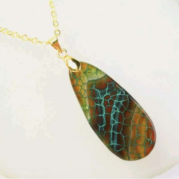 New Dragon Veins Agate Drop Gold Plated Necklace. - Picture 3 of 16